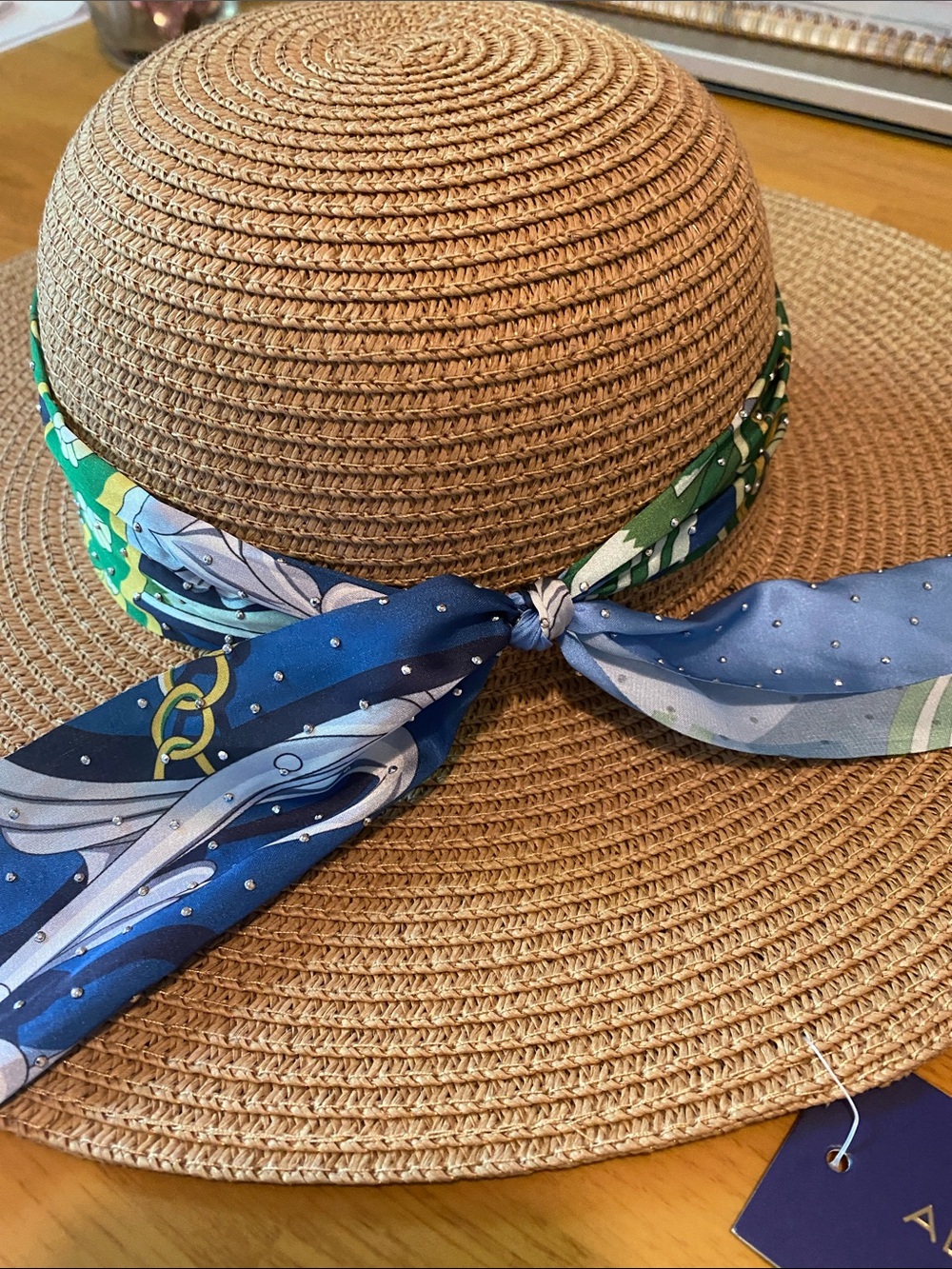 Adrienne Vittadini Tan Straw Sun Hat with Blue & Green Scarf